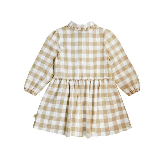 BROWN CHECK LONG SLEEVE PARTY DRESS