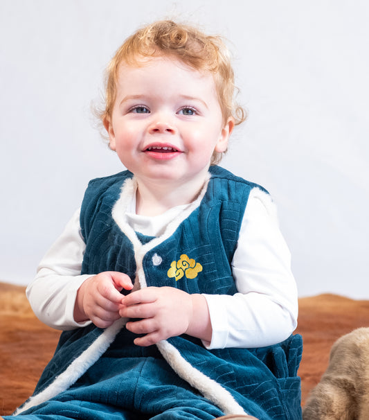 BABY GREEN VELOUR GOLD LUCKY PRINT RABBIT FAUX FUR-LINED GILET