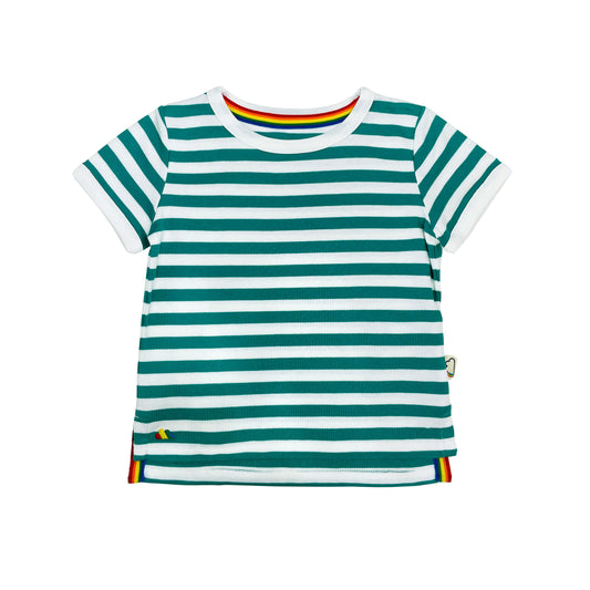 KIDS GREEN STRIPE ROUND NECK RAINBOW TRIM SHORT SLEEVE TOP