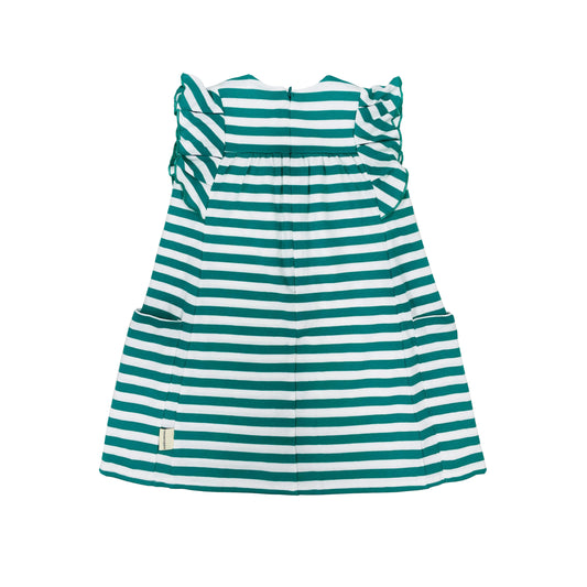 KIDS GREEN STRIPE FRILL SLEEVE DRESS