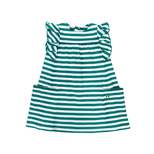 KIDS GREEN STRIPE FRILL SLEEVE DRESS