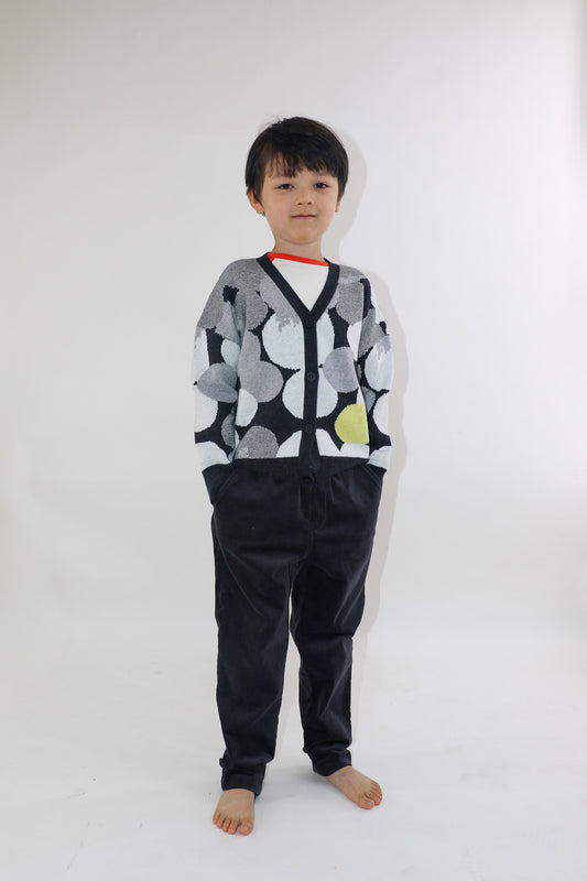 KIDS/ADULT GREY SPOT JACQUARD BUTTON CARDIGAN