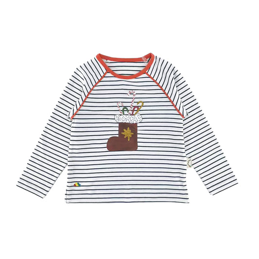 BABY/KIDS NAVY STRIPE SANTA BOOT PRINT LONG SLEEVE TOP