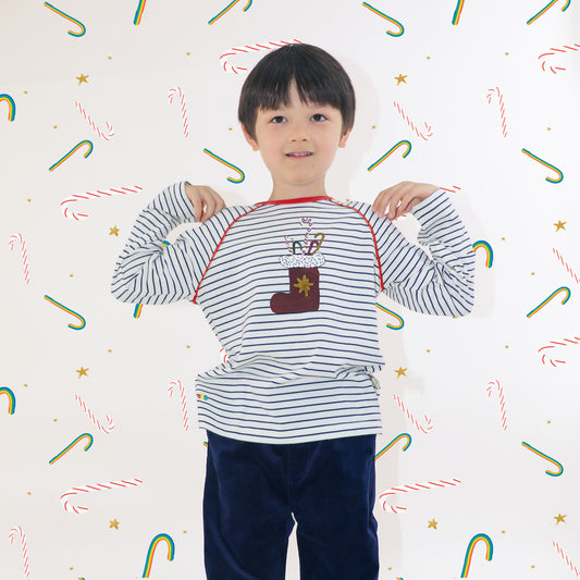 BABY/KIDS NAVY STRIPE SANTA BOOT PRINT LONG SLEEVE TOP