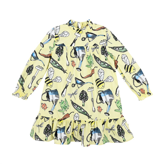 KIDS GARDEN PRINT RUFFLE NECK LONG-SLEEVE DRESS