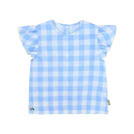KIDS BLUE CHECK PRINT RUFFLES SLEEVE TOP