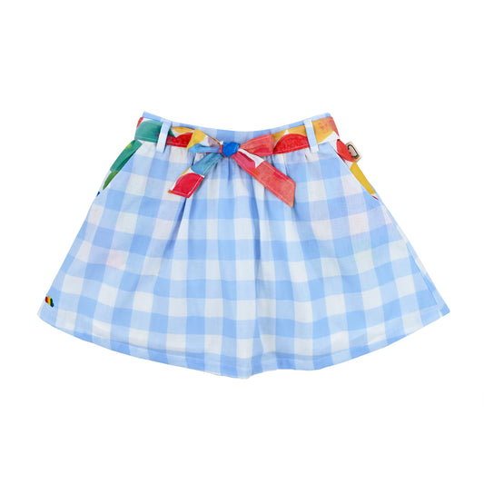 KIDS BLUE CHECK PRINT WITH RAINBOW RIBBON SKIRT
