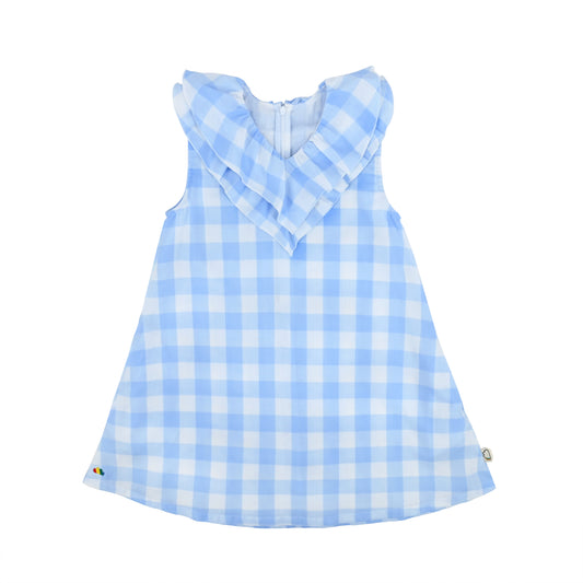 KIDS BLUE CHECK PRINT V-NECK DRESS