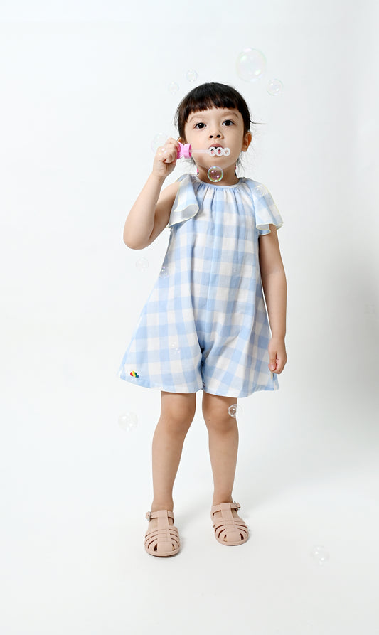 BABY BLUE CHECK PRINT A-LINE PLAYSUIT