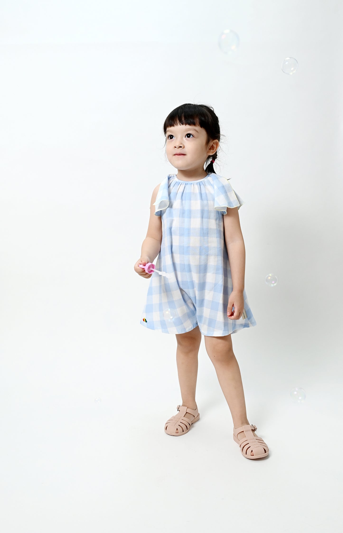 嬰兒衣服 - 藍色大方格格紋印花A字連身衣