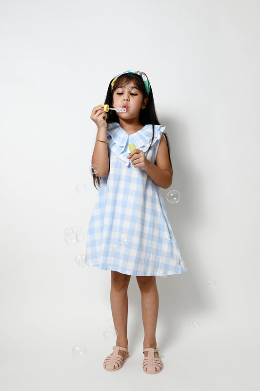 KIDS BLUE CHECK PRINT V-NECK DRESS