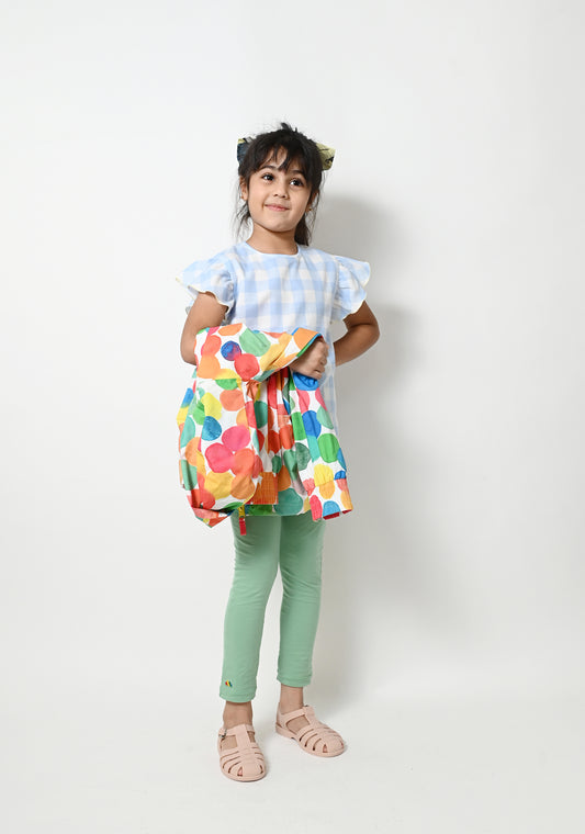 KIDS BLUE CHECK PRINT RUFFLES SLEEVE TOP