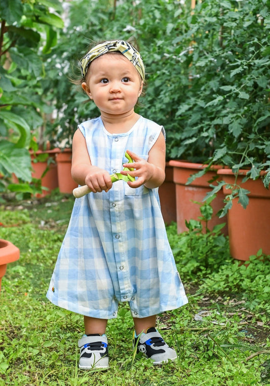 BABY BLUE CHECK PRINT SLEEVE-LESS PLAYSUIT