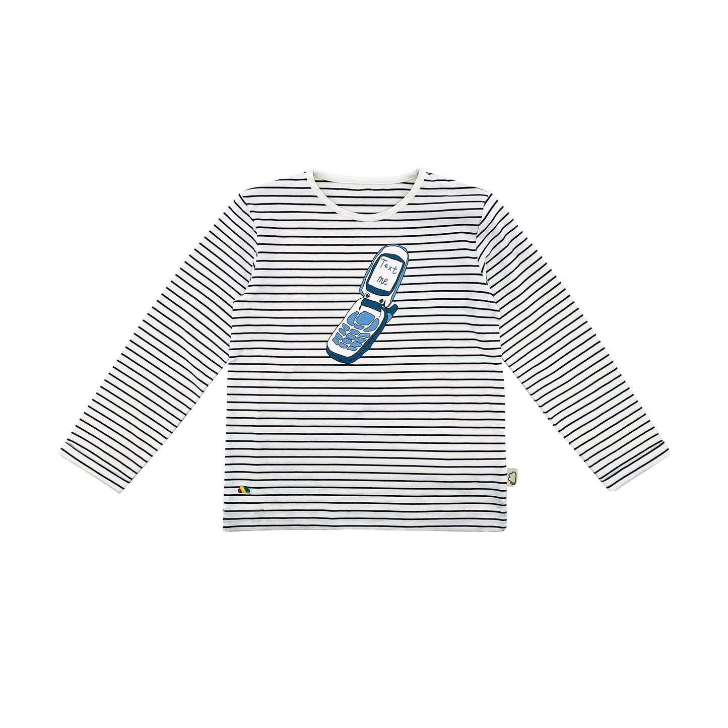 深蓝色横间电话印花长袖上衣