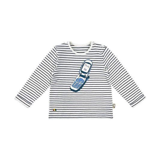 深蓝色横间电话印花长袖上衣