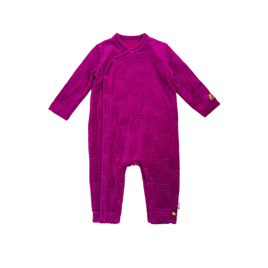BABY FUCHSIA VELOUR LUCKY PRINT SIDE BUTTON PLAYSUIT