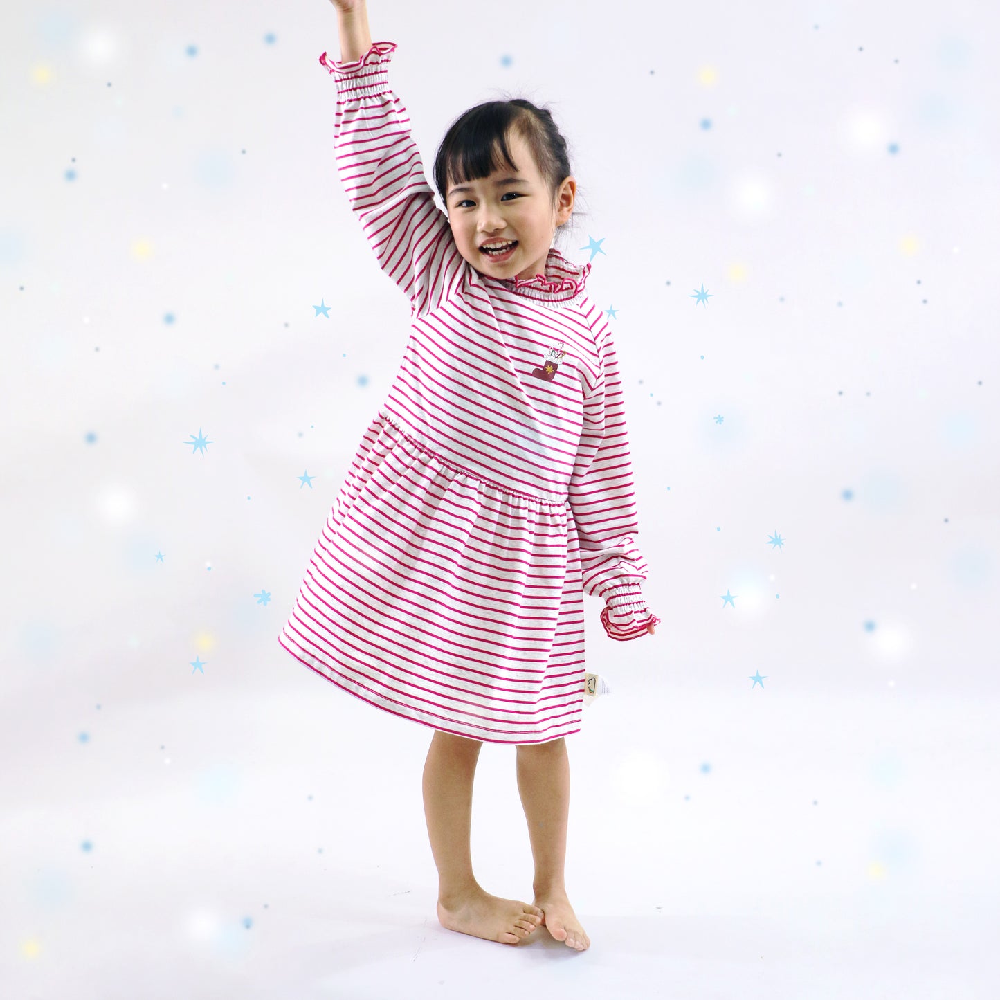 童裝BB衫/女童裝 - 粉紅色橫間聖誕靴長袖連衣裙