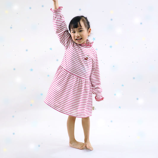 BABY/KIDS PINK STRIPE SANTA BOOT PRINT LONG SLEEVE DRESS