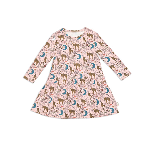 BABY DEER PRINT LONG-SLEEVES A-LINE DRESS