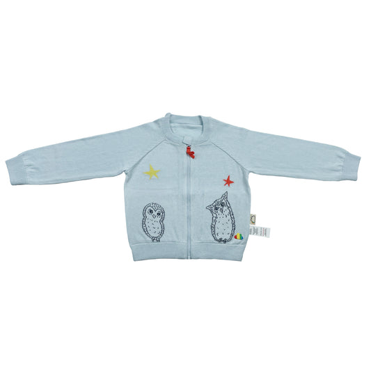 BABY/KIDS BLUE OWL PRINT ZIPPED CARDIGAN