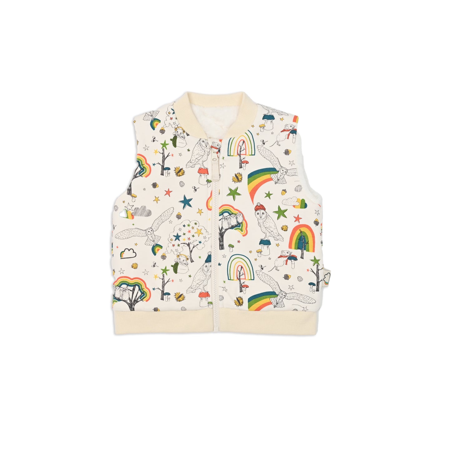 KIDS OWL PRINT FUR LINED ZIPPED GILET