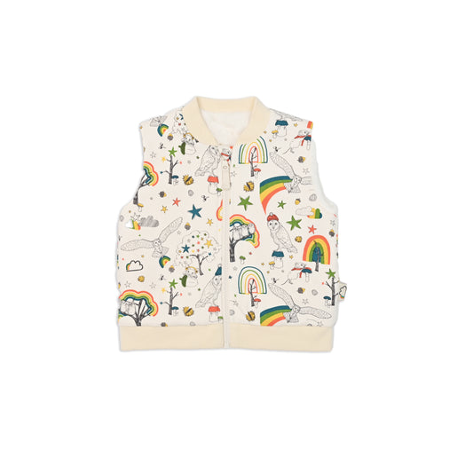 KIDS OWL PRINT FUR LINED ZIPPED GILET