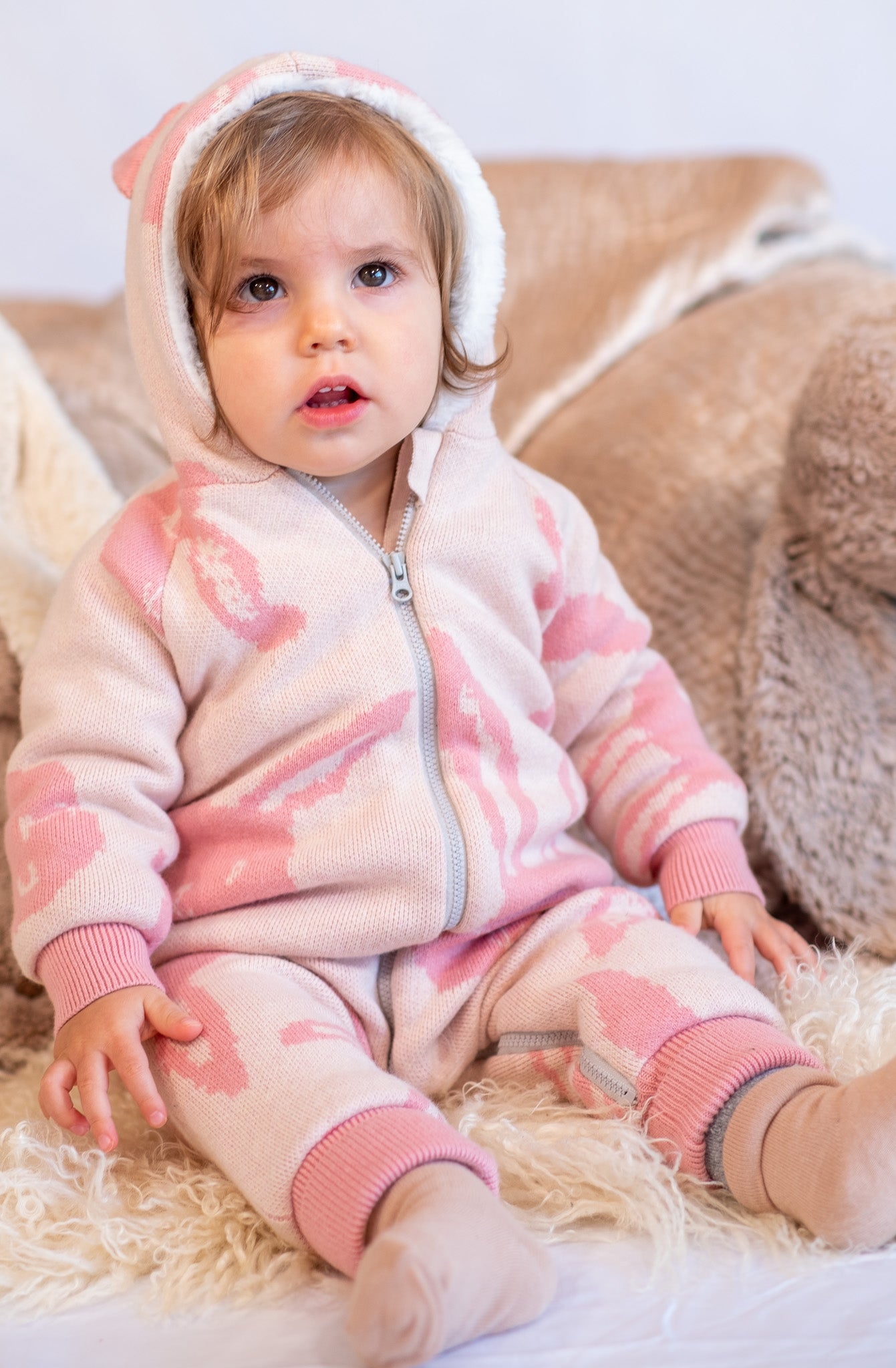 BABY RABBIT PRINT FUR LINED RABBIT EAR PLAYSUIT