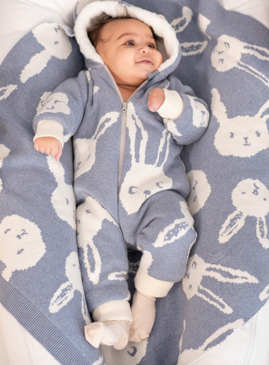 BABY RABBIT PRINT FUR LINED RABBIT EAR PLAYSUIT