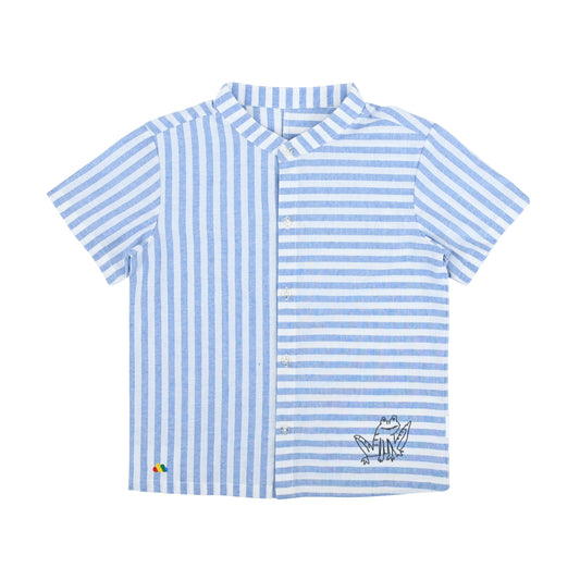KIDS BLUE STRIPE FROG PRINT SHORT SLEEVE SHIRT