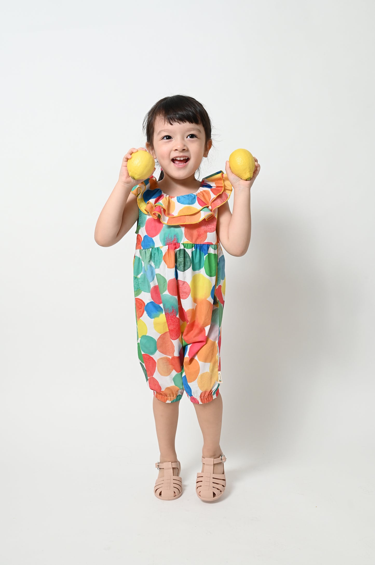 嬰兒衣服 - 彩色波點印花荷葉領背心連體衣