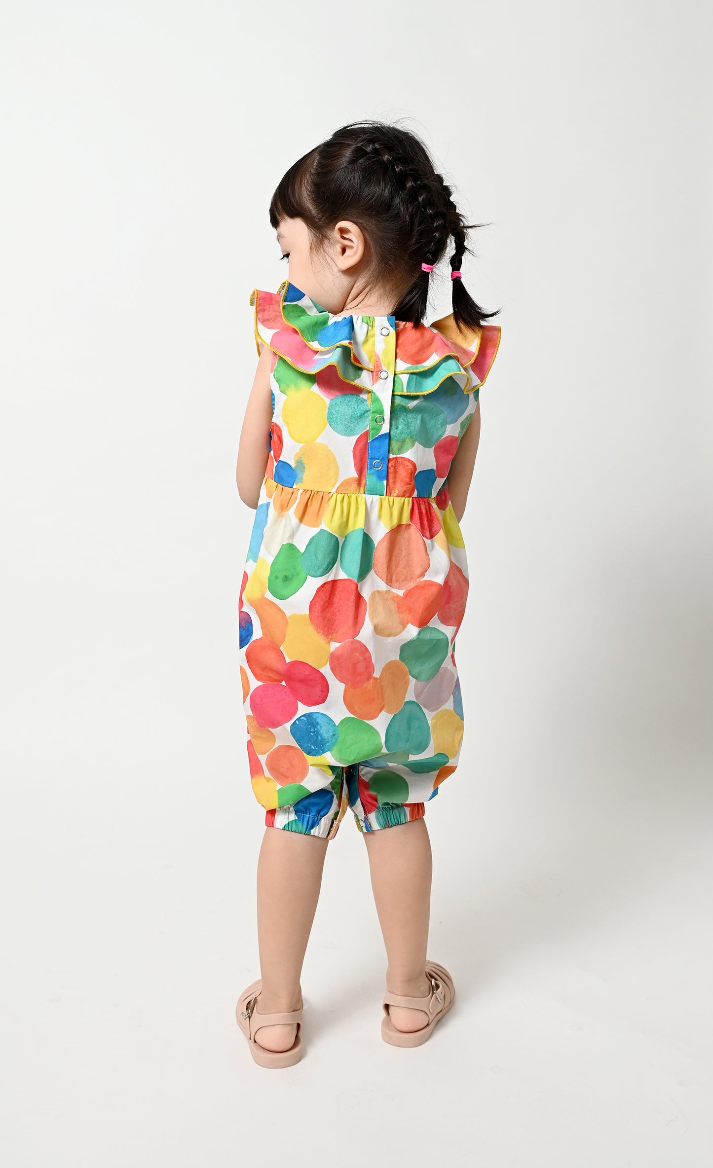 嬰兒衣服 - 彩色波點印花荷葉領背心連體衣