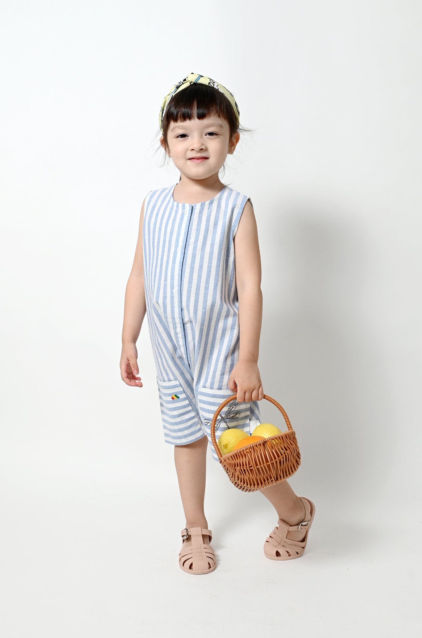 嬰兒衣服 - 藍色橫間背心開胸連身衣