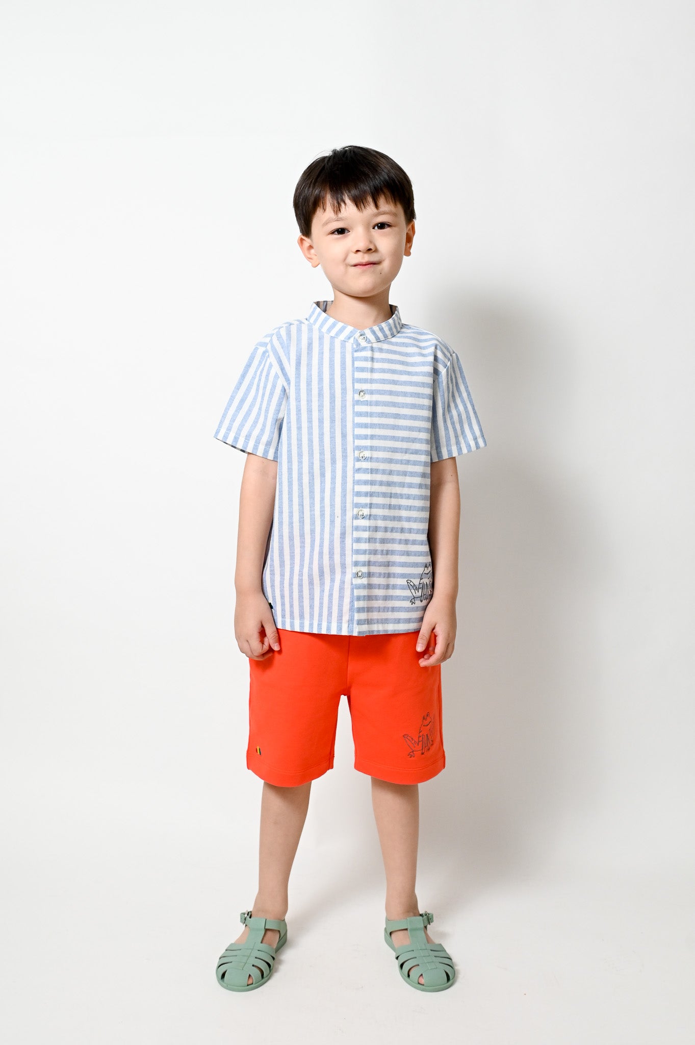 KIDS BLUE STRIPE FROG PRINT SHORT SLEEVE SHIRT