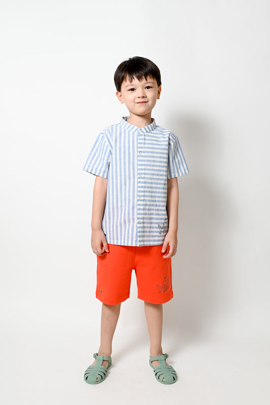 KIDS BLUE STRIPE FROG PRINT SHORT SLEEVE SHIRT