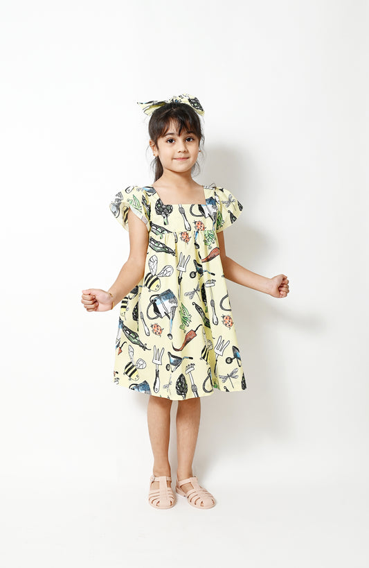 KIDS GARDEN PRINT SQUARE NECK A-LINE DRESS