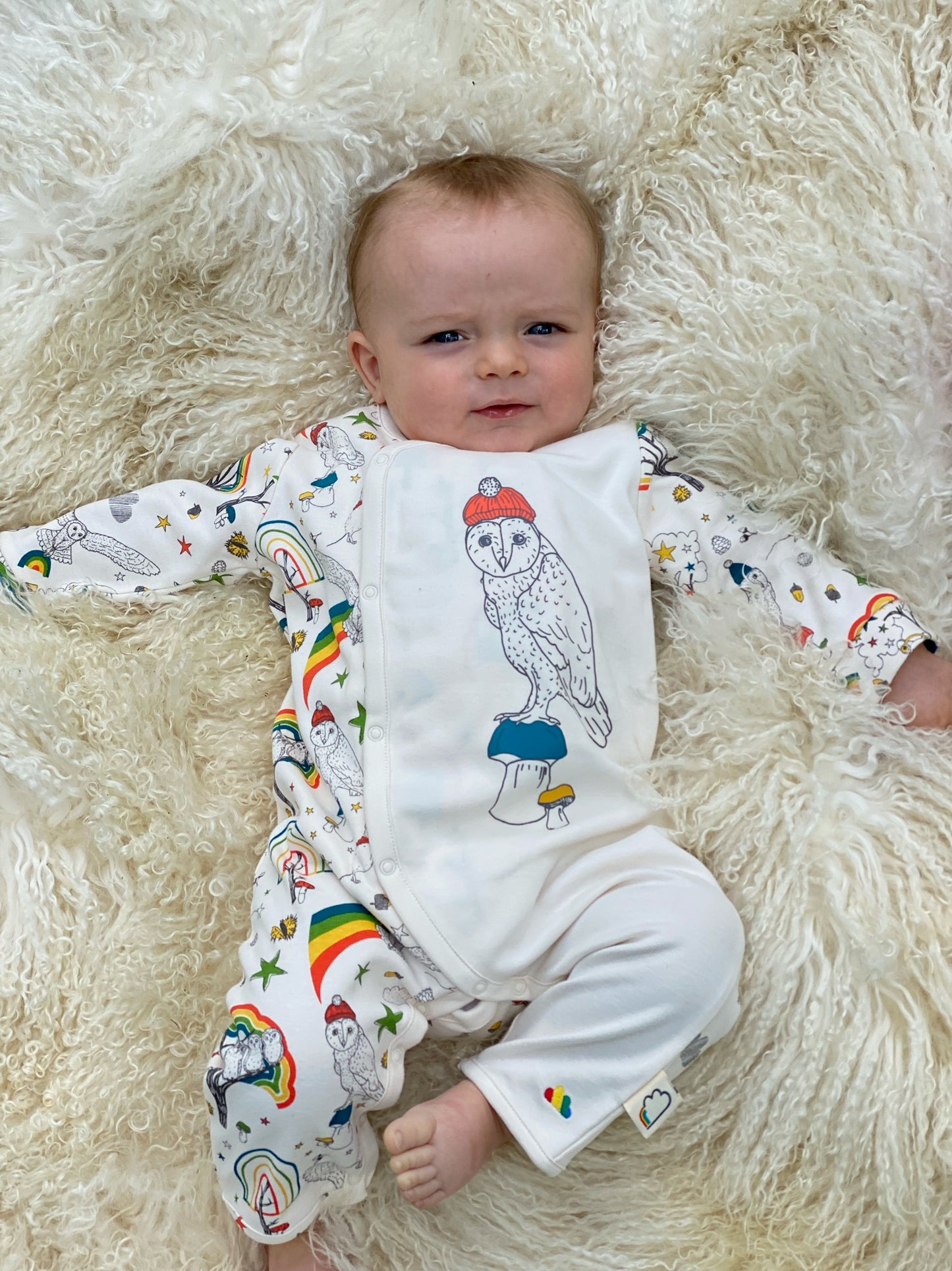 BABY OWL PRINT SIDE BUTTON PLAYSUIT