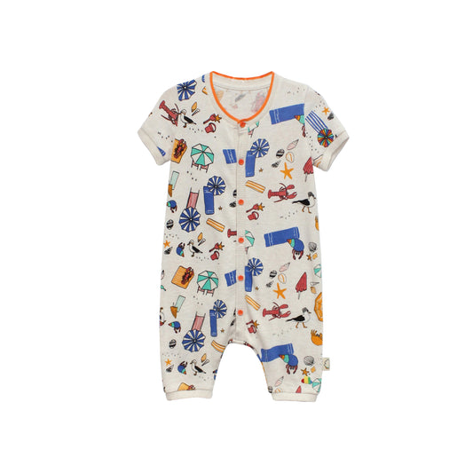 BABY BEACH PRINT BUTTON SHORT-SLEEVES PLAYSUIT