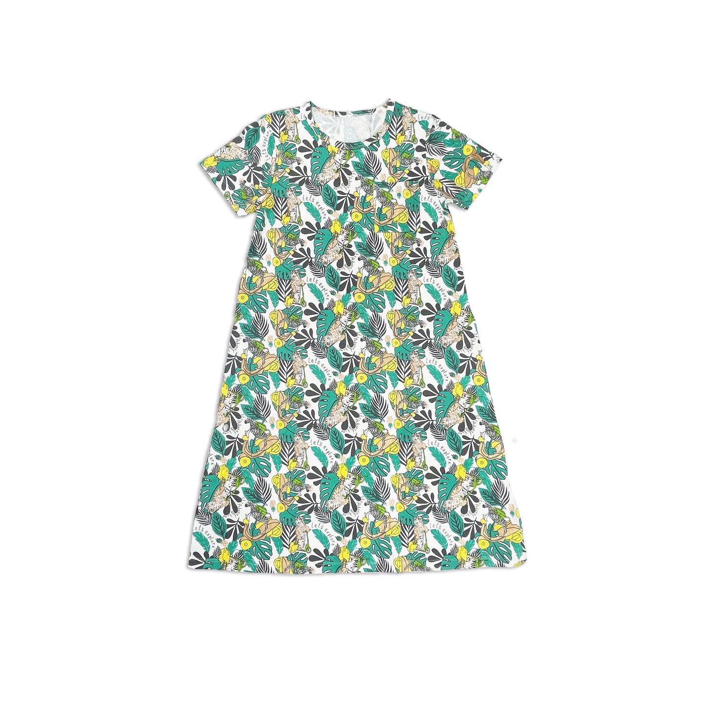 親子裝|女童裝有機棉 - 森林印花A Line短袖連身裙