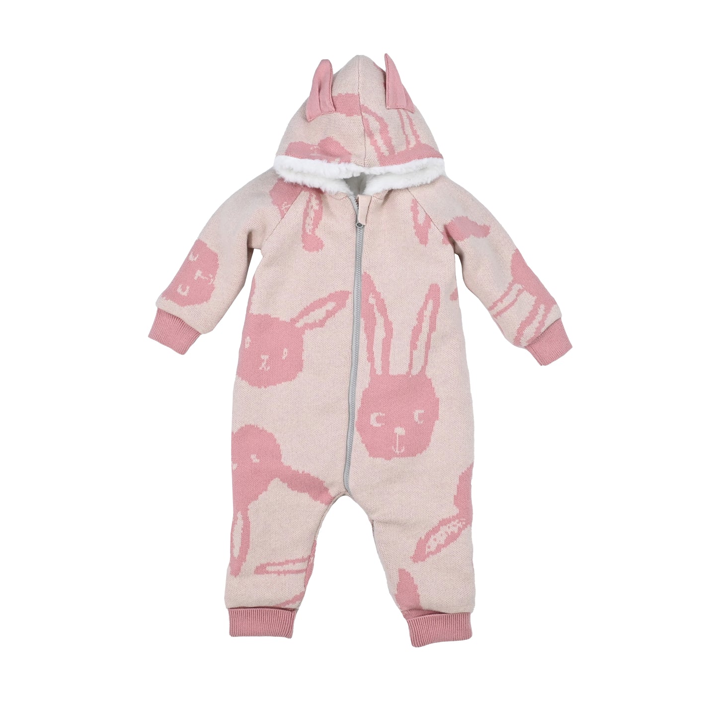 BABY RABBIT PRINT FUR LINED RABBIT EAR PLAYSUIT