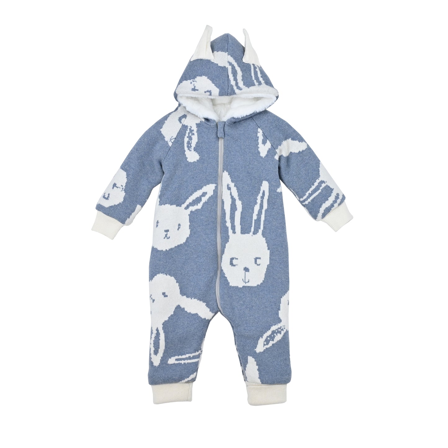 BABY RABBIT PRINT FUR LINED RABBIT EAR PLAYSUIT