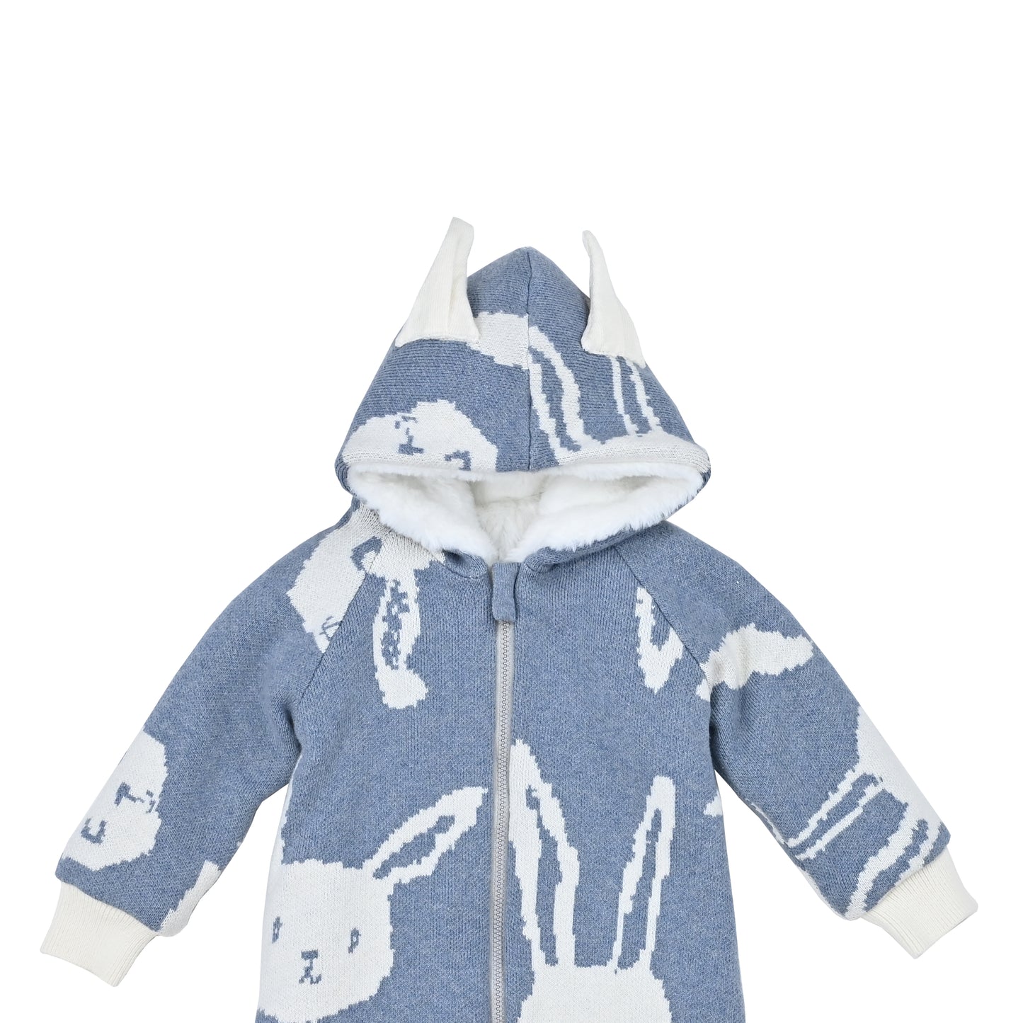 BABY RABBIT PRINT FUR LINED RABBIT EAR PLAYSUIT