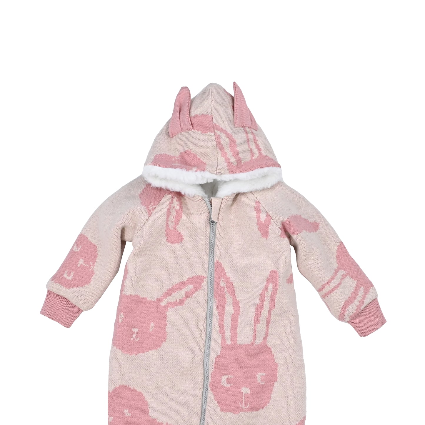 BABY RABBIT PRINT FUR LINED RABBIT EAR PLAYSUIT