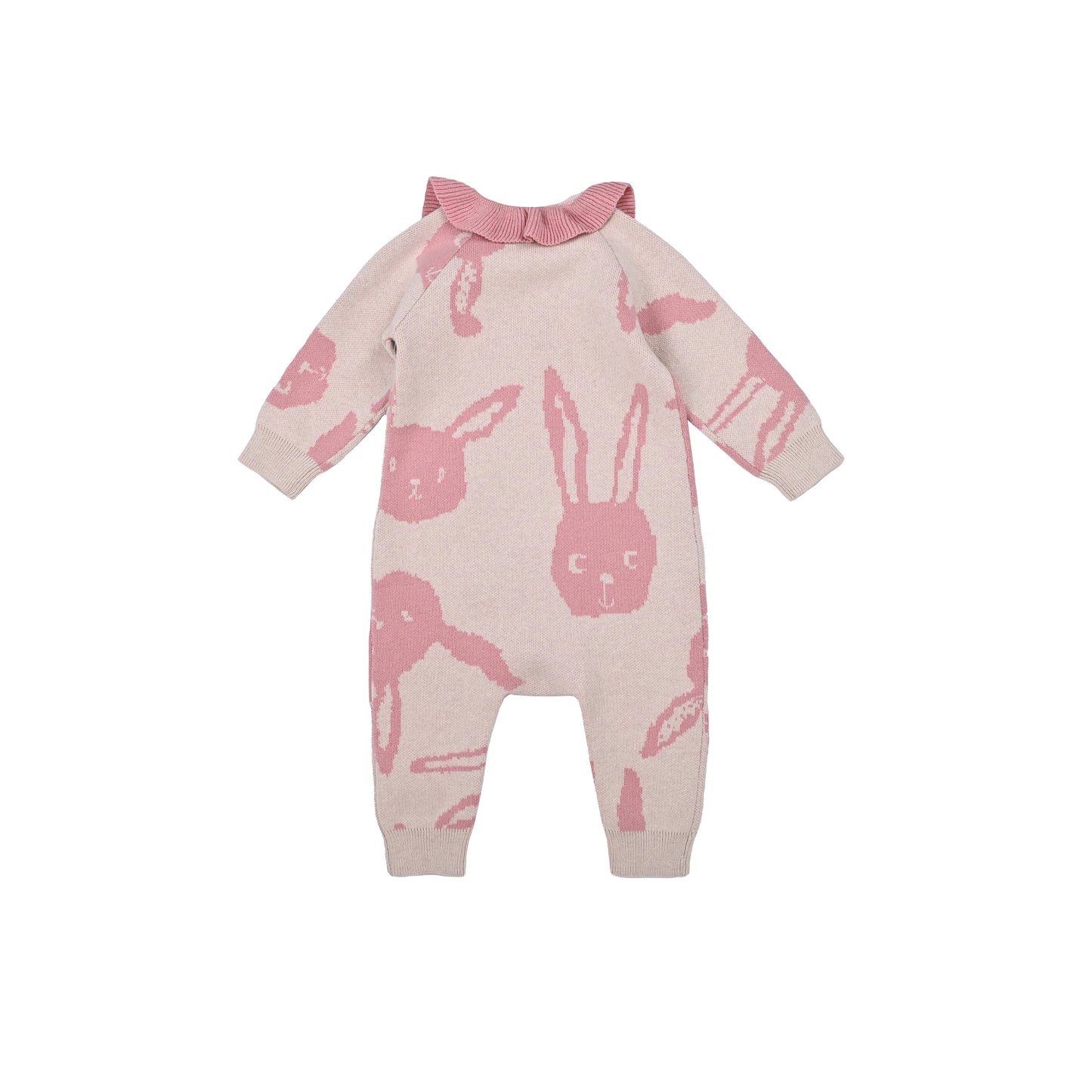 BABY RABBIT PRINT RUFFLE NECK LONG-SLEEVES PLAYSUIT