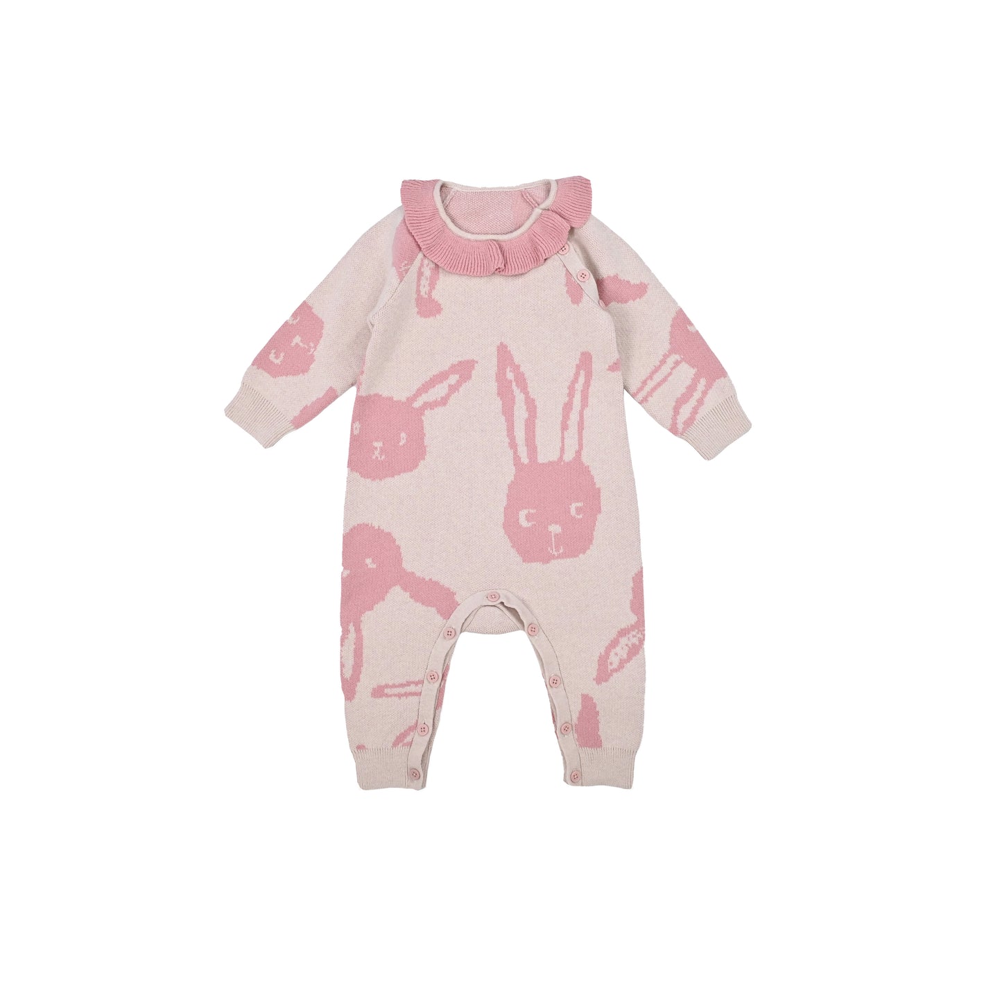 BABY RABBIT PRINT RUFFLE NECK LONG-SLEEVES PLAYSUIT