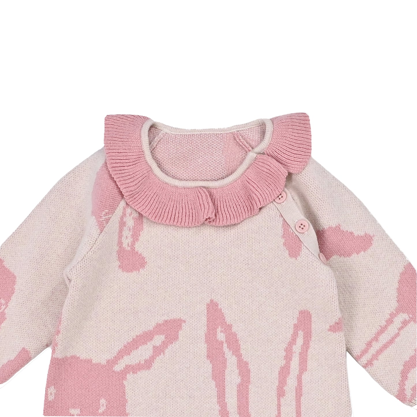 BABY RABBIT PRINT RUFFLE NECK LONG-SLEEVES PLAYSUIT