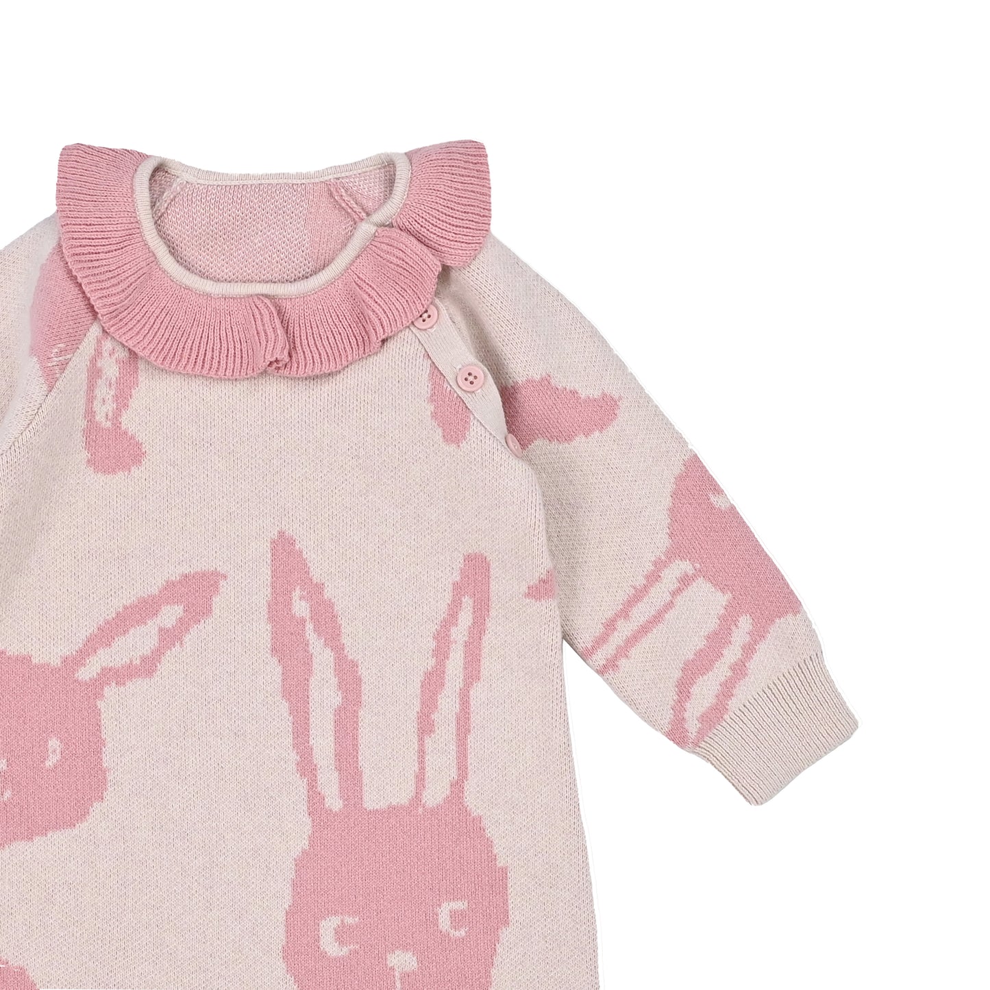 BABY RABBIT PRINT RUFFLE NECK LONG-SLEEVES PLAYSUIT