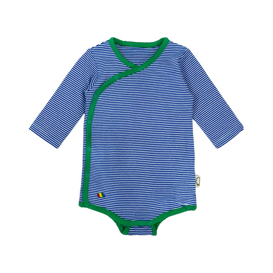 童裝BB衫有機棉 - 藍色橫間側扣長袖連身衣