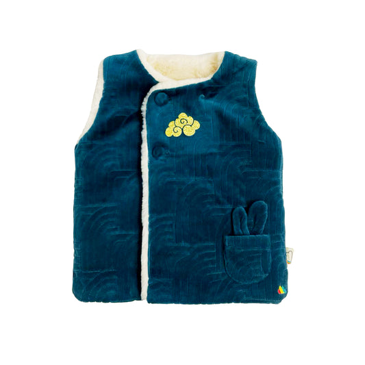 BABY GREEN VELOUR GOLD LUCKY PRINT RABBIT FAUX FUR-LINED GILET