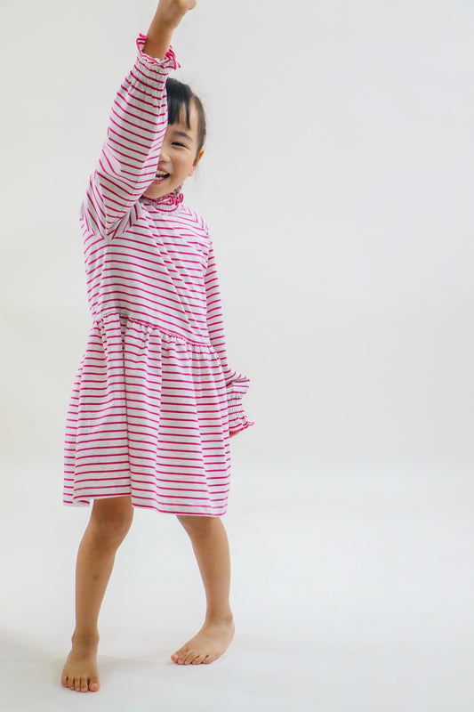 童裝BB衫/女童裝 - 粉紅色橫間中領長袖連衣裙