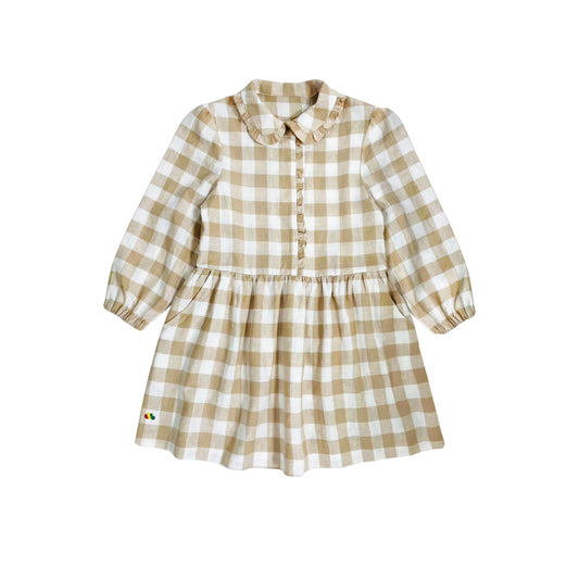 BROWN CHECK LONG SLEEVE PARTY DRESS
